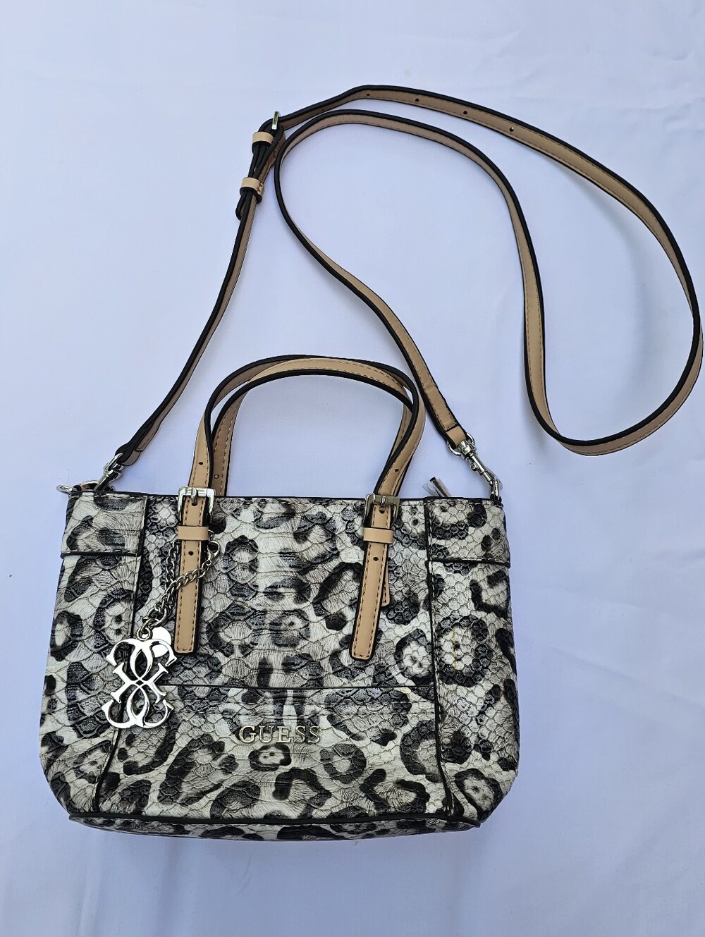 GUESS Leopard-Pattern Crossbody Mini Bag in Cream and Black with Tan Trim